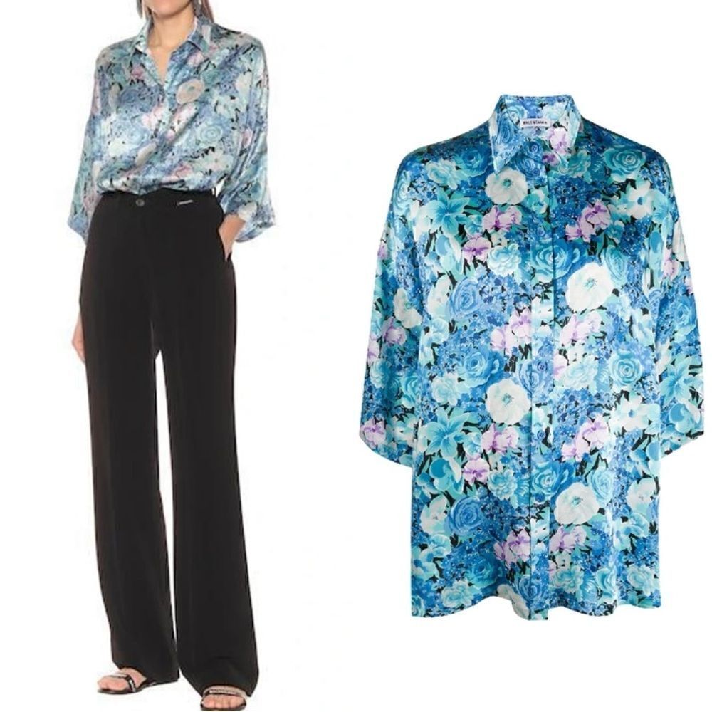 Balenciaga Vareuse 100% Silk Blue Shirt Botton Down Floral Size M